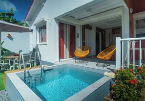 Ein Pool mit Glasrand, einer Leiter und zwei Korbstühlen.