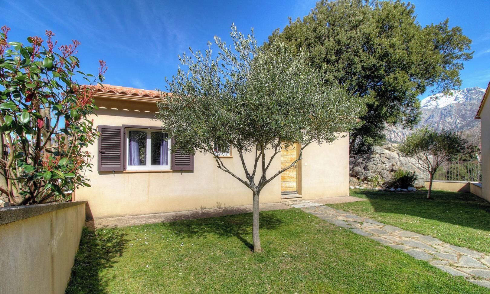 Une maison avec un chemin de pierres, un petit arbre et un ciel bleu dégagé.