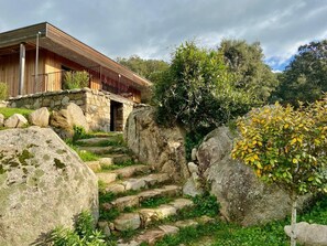 Eine Steintreppe führt zu einem Holzhaus mit einem Balkon.