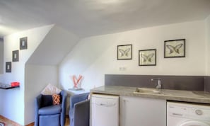 Eine kompakte Küche mit Geschirrspüler, Spüle und Waschmaschine. An der Wand befinden sich Bilder von Schmetterlingen in Rahmen.