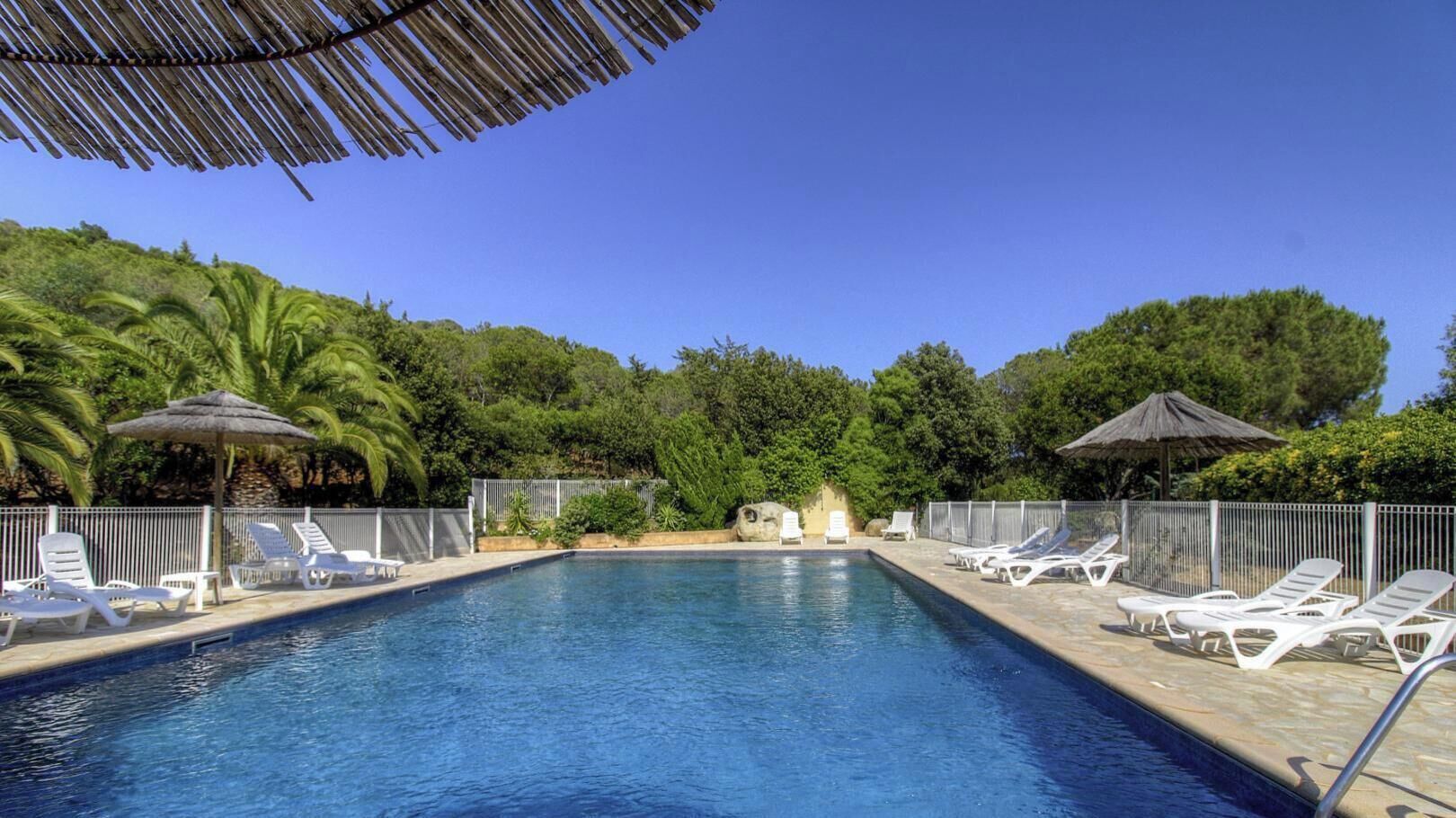 A swimming pool with white lounge chairs and thatched umbrellas, surrounded by greenery.
