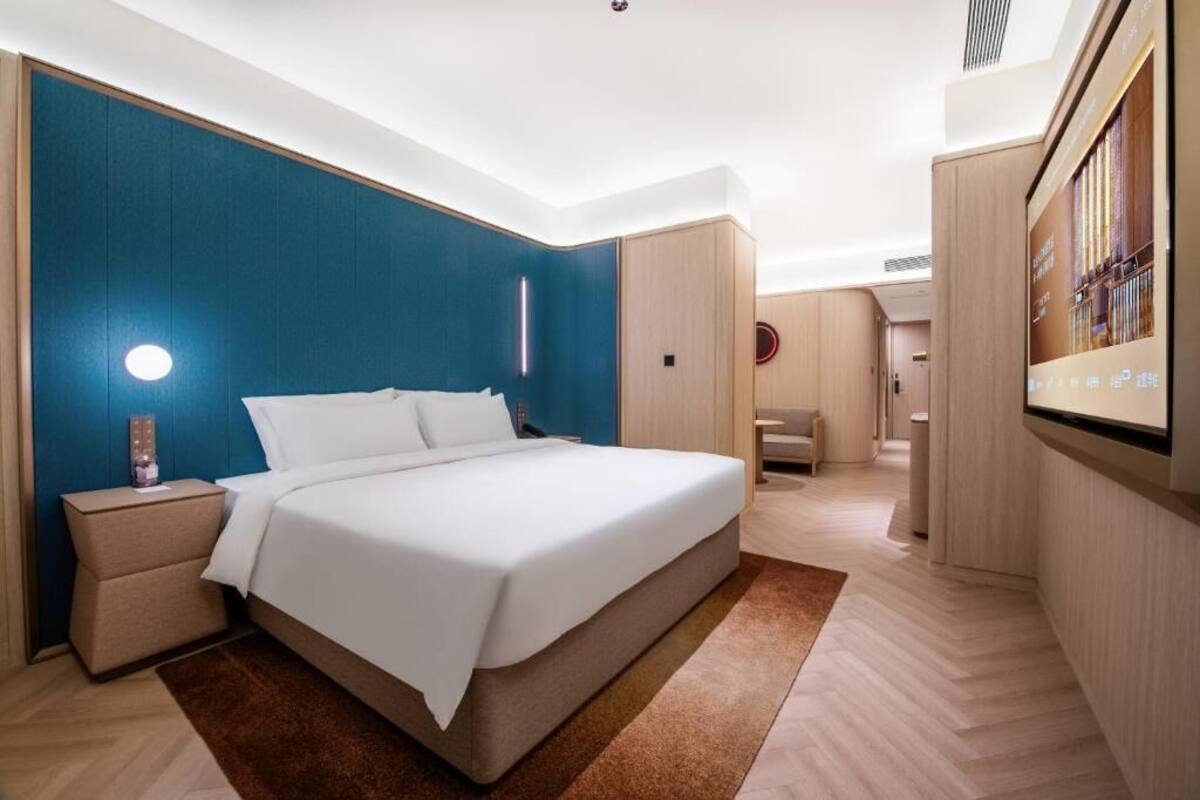 A modern hotel room with a large bed, a nightstand, a wall-mounted TV, and a wooden wardrobe.