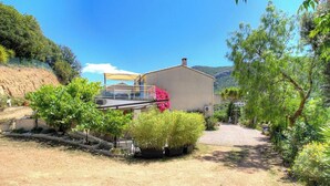 A house with a covered patio, a garden with various plants, and a view of hills in the background. - Alta Rocca - ALATA - Gîte (ALATA)