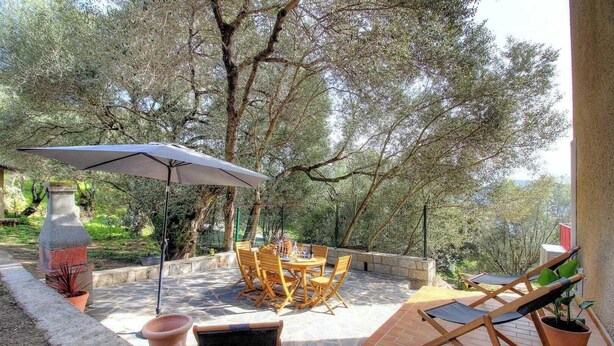 Une terrasse extérieure avec une table et des chaises, entourée d’arbres et d’un mur en pierre.