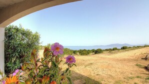 Blick durch ein rundes Fenster auf einen unbefestigten Weg, im Vordergrund violette Blumen und in der Ferne eine Berglandschaft.