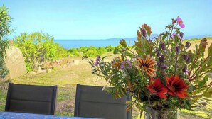 Ein Tisch mit Blumen, Sitzgelegenheiten im Freien und Meerblick.