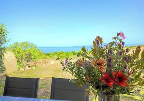 Ein Tisch mit Blumen, Sitzgelegenheiten im Freien und Meerblick.