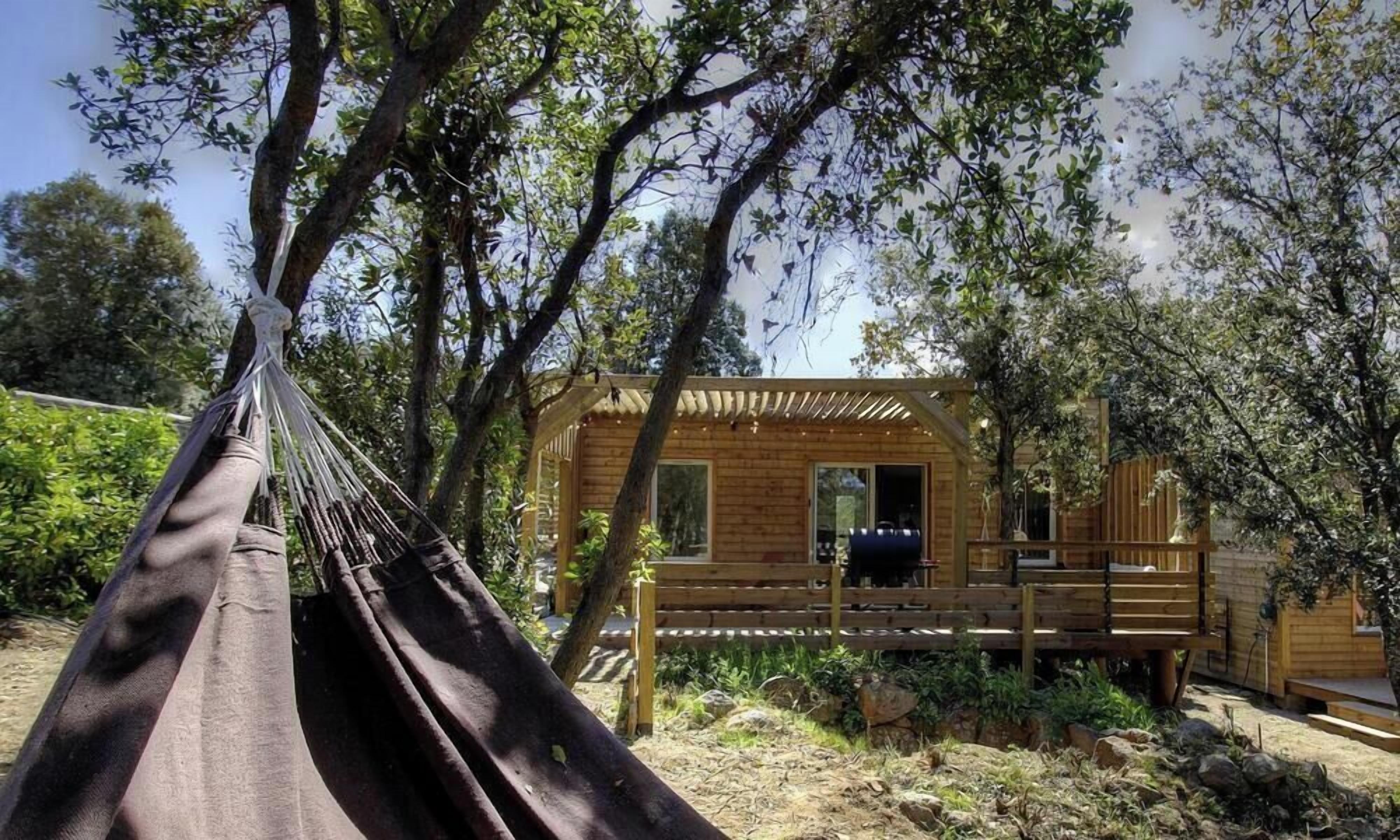 Een houten hut met een terras, omringd door bomen.