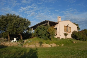 A house with a sloped roof, a chimney, and a stone wall. - Myrtle - MONACIA D'AULLENE (MONACIA D'AULLENE)