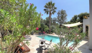 Ein Swimmingpool mit Liegestühlen, einem Tisch und umgebender Bepflanzung.
