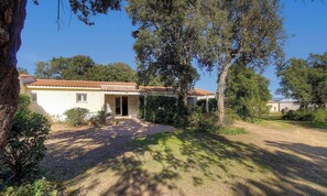 Ein Haus mit Ziegeldach, Kopfsteinpflasterweg und umgebender Bepflanzung.