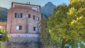 Ein Gebäude mit steinernem Fundament und einer rosafarbenen Struktur, ein Baum im Vordergrund und ein Berg im Hintergrund.