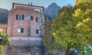Ein Gebäude mit steinernem Fundament und einer rosafarbenen Struktur, ein Baum im Vordergrund und ein Berg im Hintergrund.