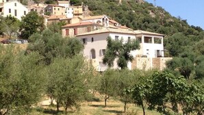 Un village perché sur une colline, avec ses bâtiments traditionnels, ses oliviers et un ciel dégagé.
