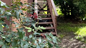 Una escalera de madera que lleva a un edificio de fachada marrón y una flor roja en primer plano.
