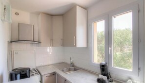 A compact kitchen with a gas stove, a sink, and cabinets. There are two windows providing natural light. - Tivarellu - FIGARI - Gîte (FIGARI)