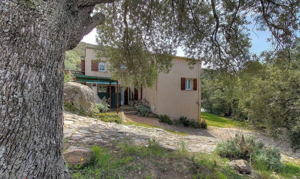 A stone pathway leading to a building with a green awning, surrounded by trees and greenery. - Tivarellu - FIGARI - Gîte (FIGARI)