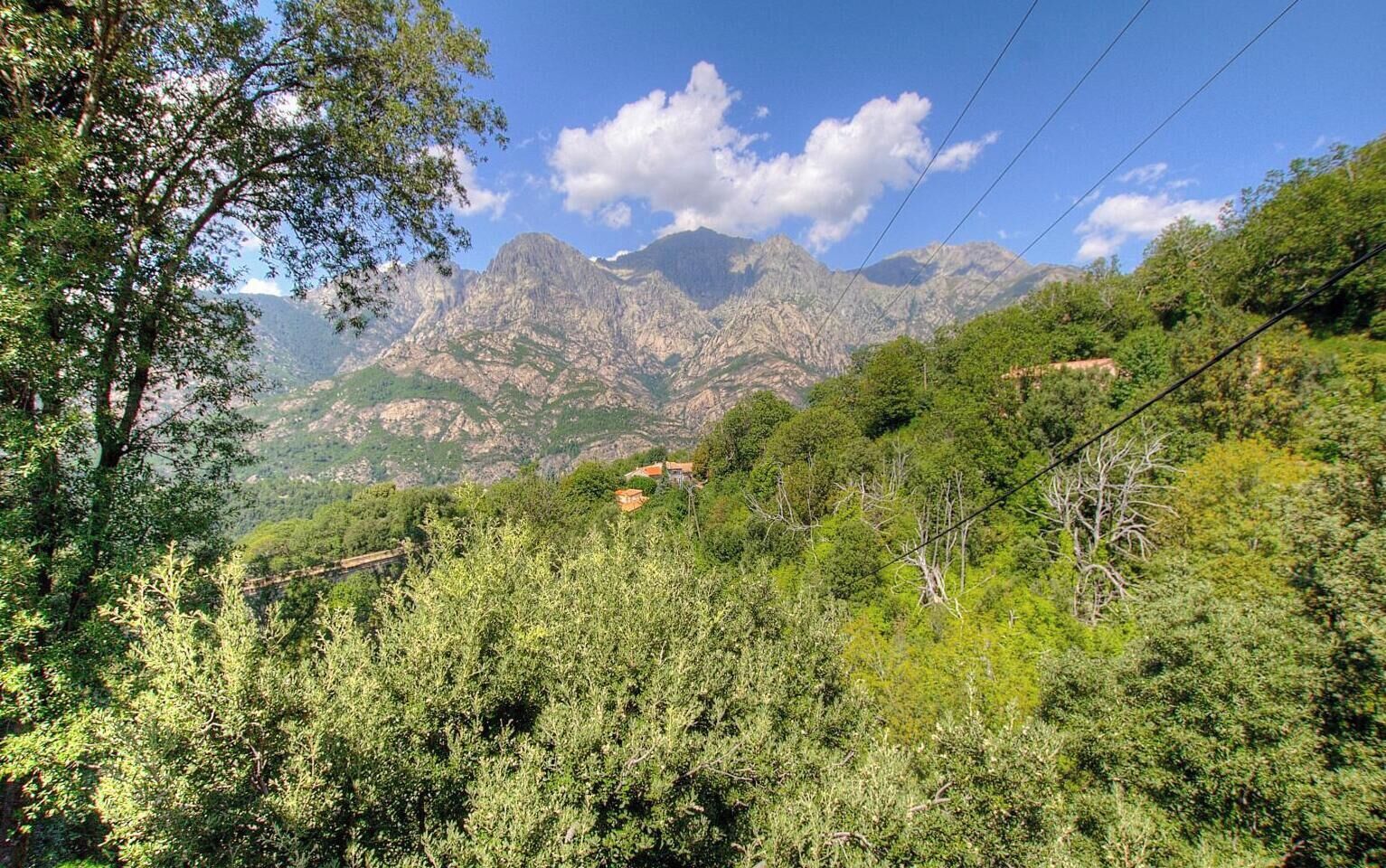 Paisaje montañoso con vegetación densa y algunos edificios a lo lejos.