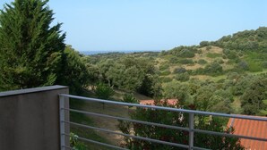 Een balkon met uitzicht op een glooiend landschap en een verre horizon.