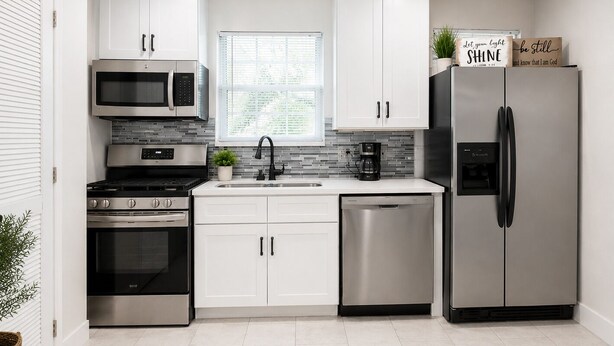 A modern kitchen with white cabinets, stainless steel appliances, a window with blinds, and a sign on the refrigerator. -  Spacious 4-bedroom Houston Retreat Near NASA, Downtown & Galveston Cruises (Houston)