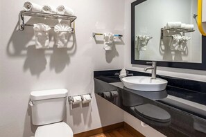 Ein modernes Badezimmer mit Toilette, Waschbecken und Handtuchhalter.