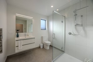 A modern bathroom with a glass-enclosed shower, a white sink, and a toilet. - 3-bed in Northlake | Bikes, Boards & Wānaka Bliss (Wānaka)