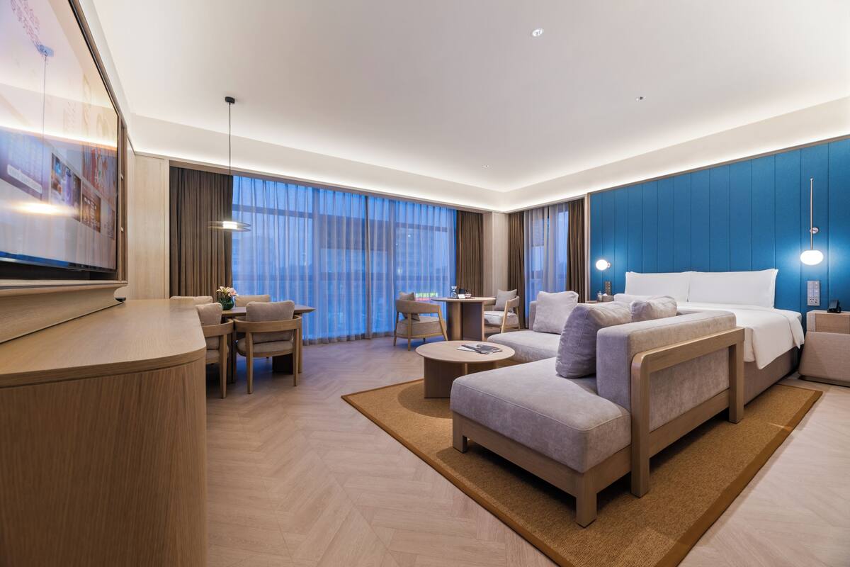 Una habitación de hotel moderna con una cama grande, un sofá, un escritorio y un televisor.