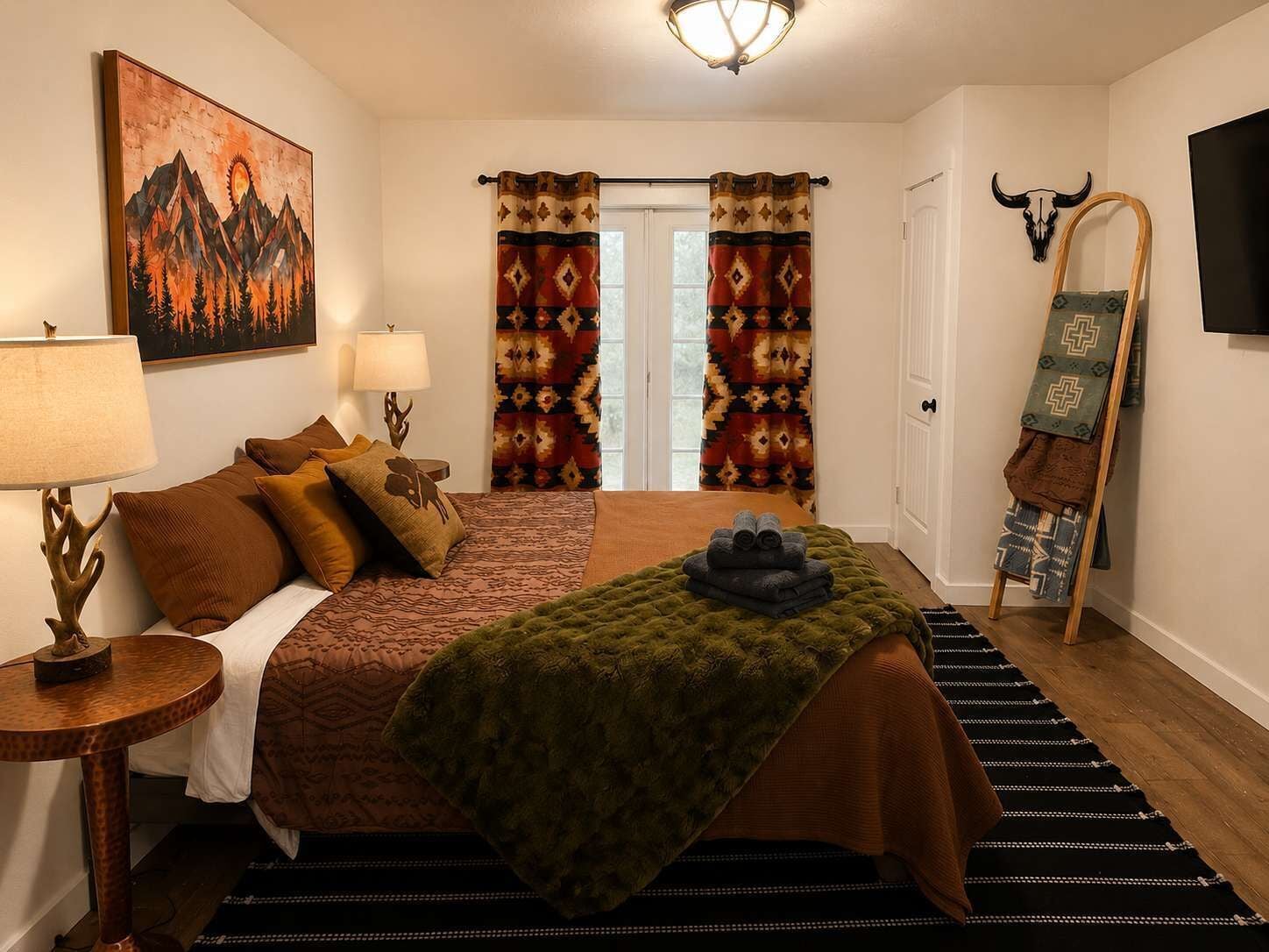 A bedroom with a bed, two bedside lamps, a painting, a window with curtains, a coat rack, and a television.