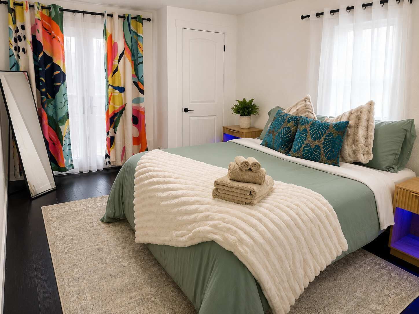 Een slaapkamer met een bed, kussens, een nachtkastje, een plant en gordijnen.