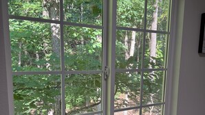 A room with a large window offering a view of a forested area.