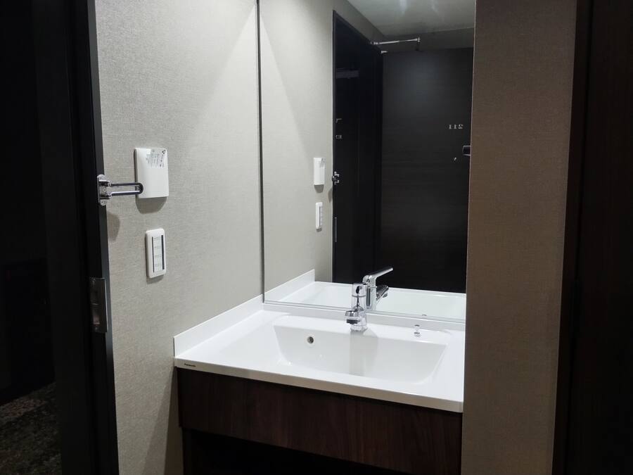 A bathroom with a white sink, a mirror, and a dark door.
