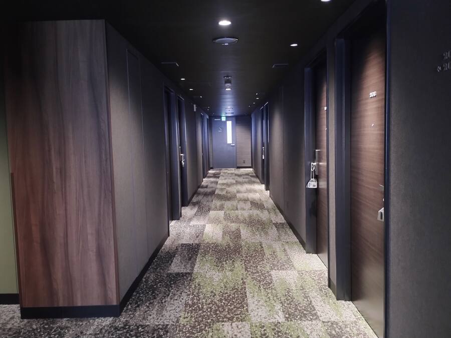 A hotel corridor with a carpeted floor, doors on both sides, and a ceiling with recessed lighting.