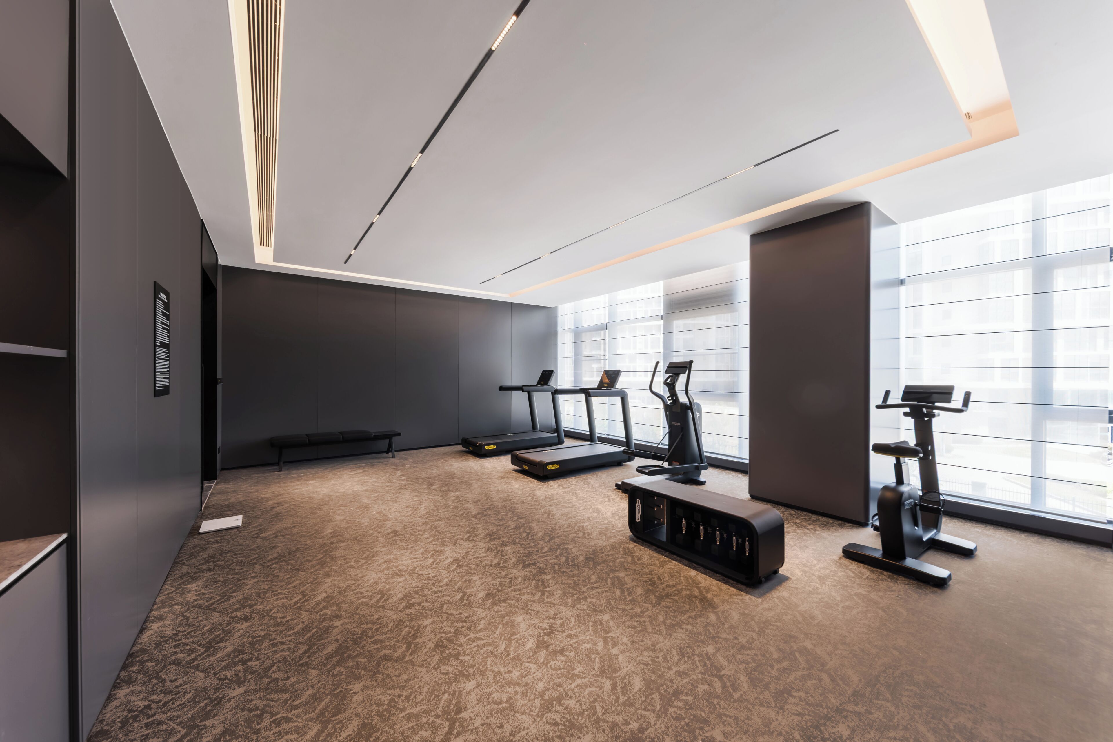 Un gimnasio moderno con cintas de correr, elíptica y bicicleta estática, con amplias ventanas y suelo alfombrado.