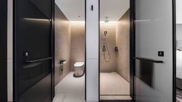 Shower, hair dryer, slippers, towels