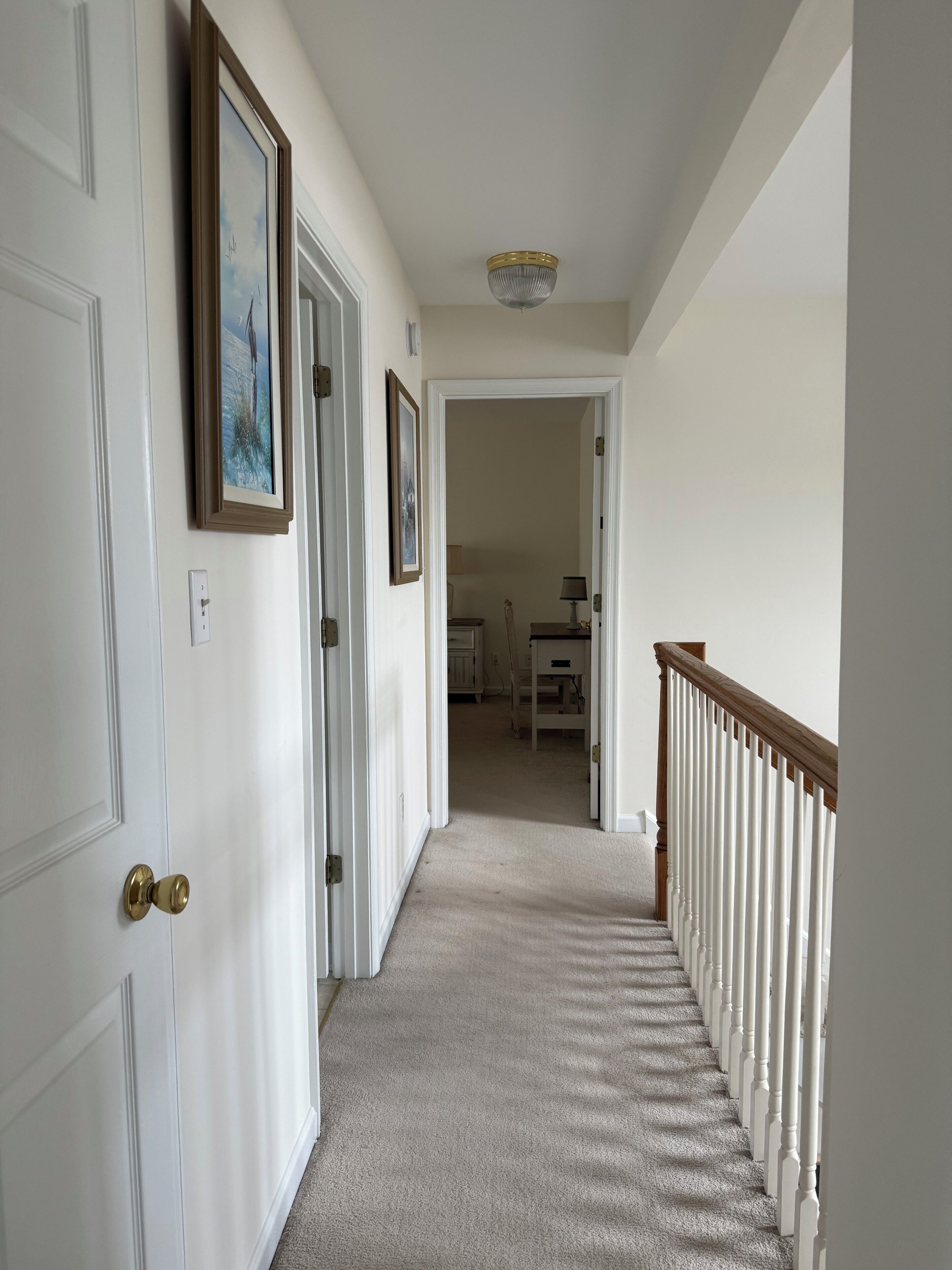 A hallway with white doors, a carpeted floor, and a staircase with white railings.