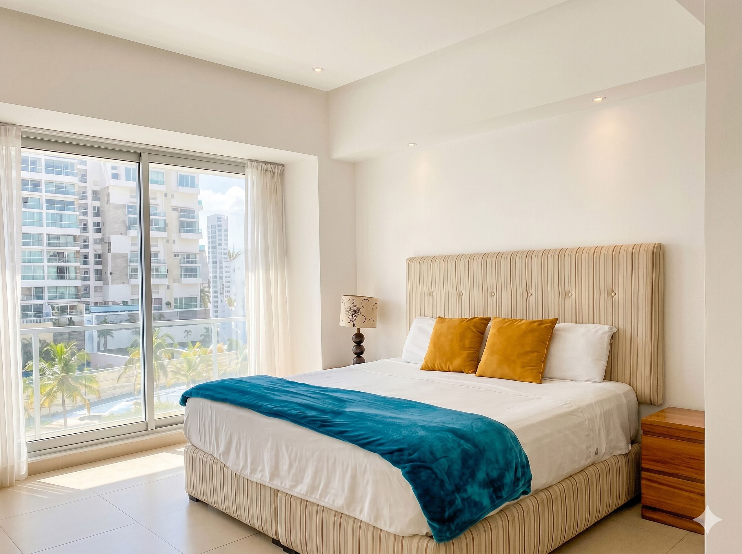A modern hotel room with a large bed, a nightstand, a lamp, and a view of the city through floor-to-ceiling windows.
