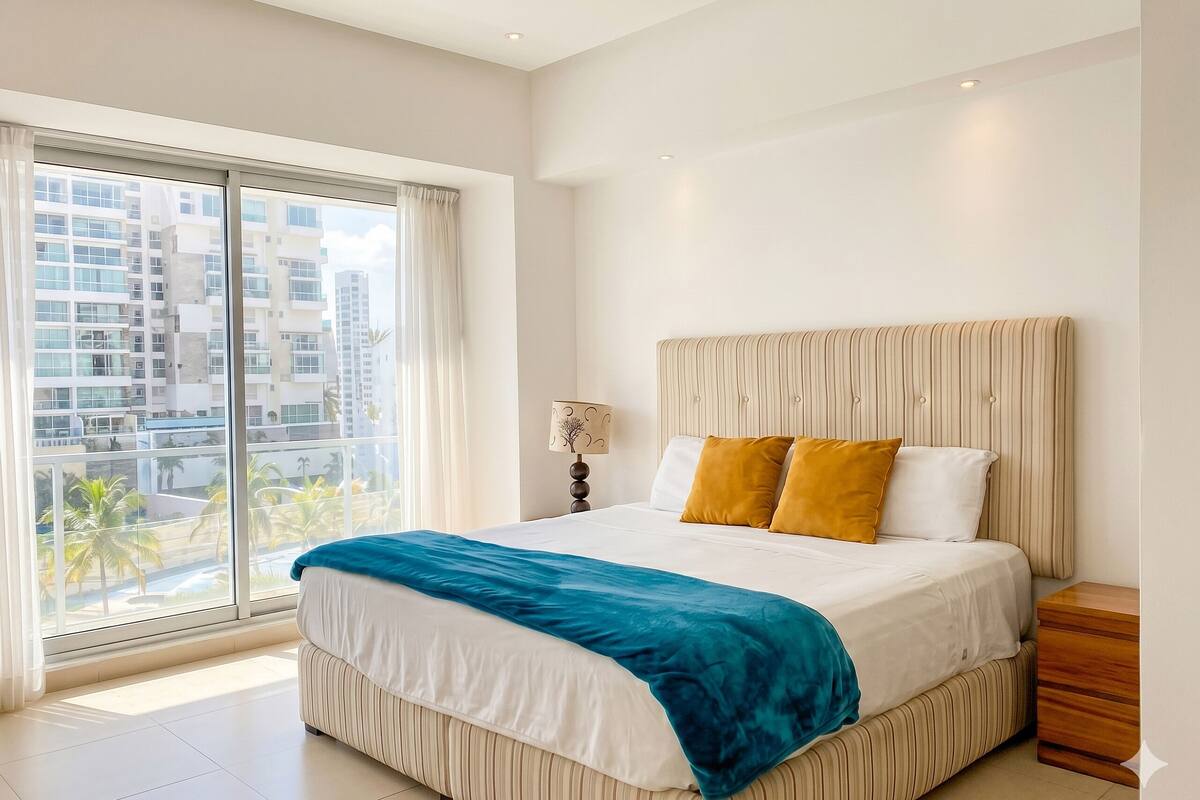 Ein modernes Hotelzimmer mit einem großen Bett, einem Nachttisch, einer Lampe und Blick auf die Stadt durch raumhohe Fenster.