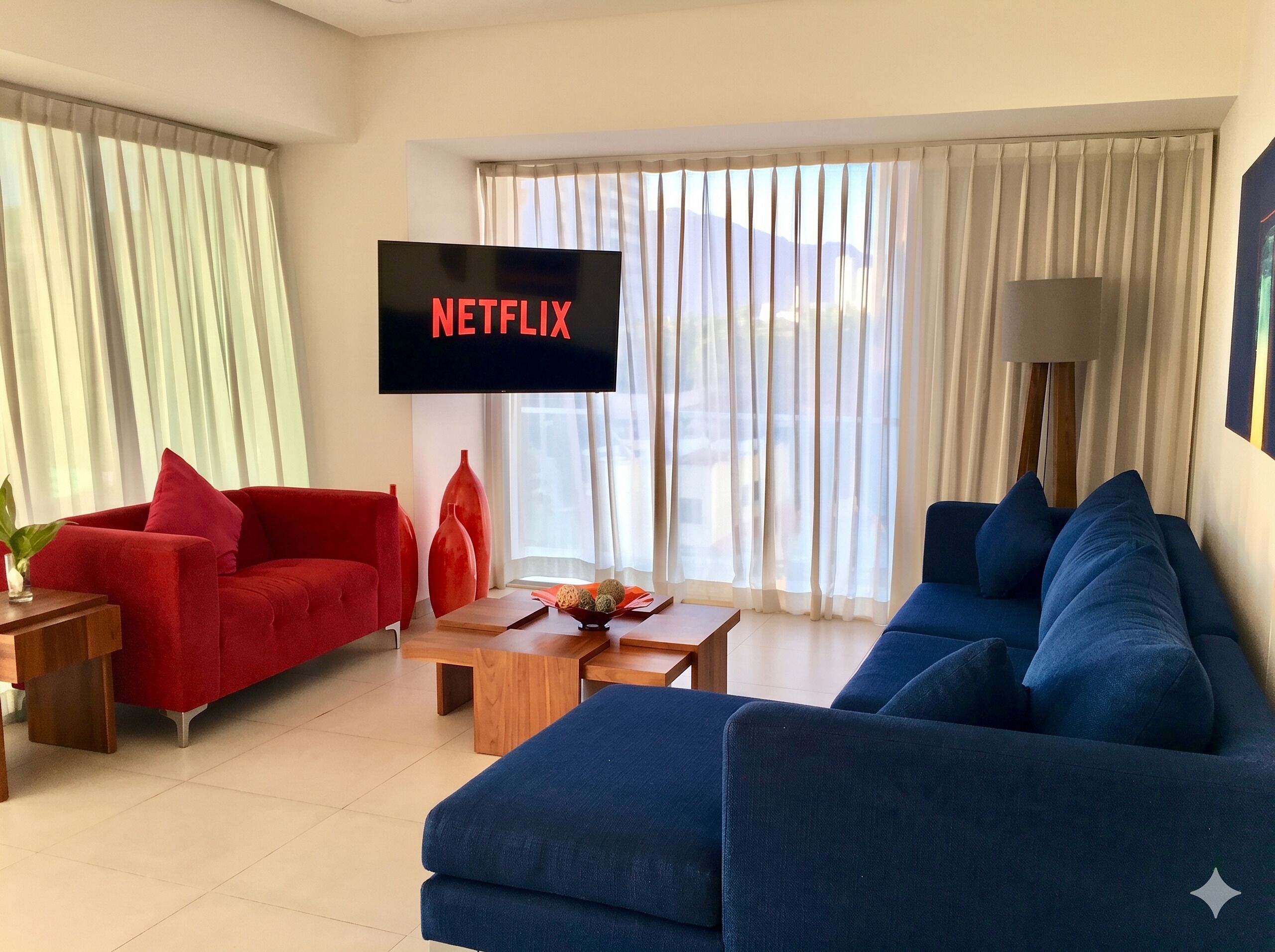 A living room with a red sofa, a blue sofa, a wooden coffee table, and a TV screen displaying 'NETFLIX'.