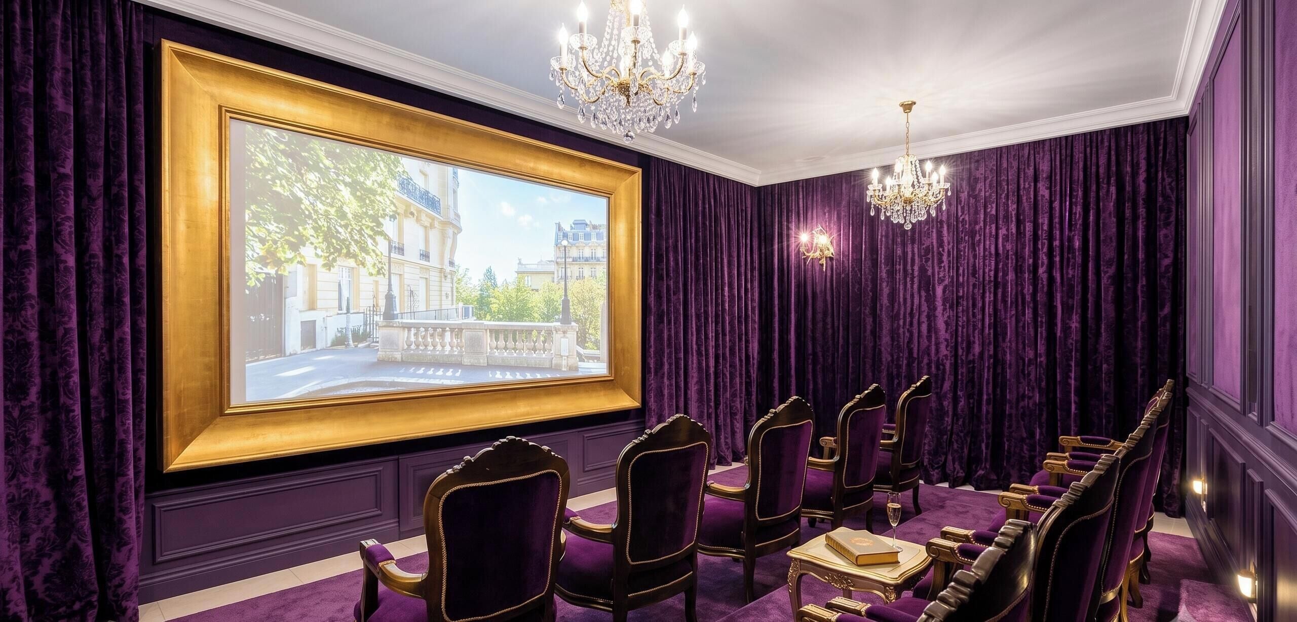 Ett konferensrum med en stor tavla i en elegant ram, sammetsgardiner och utsmyckade stolar.
