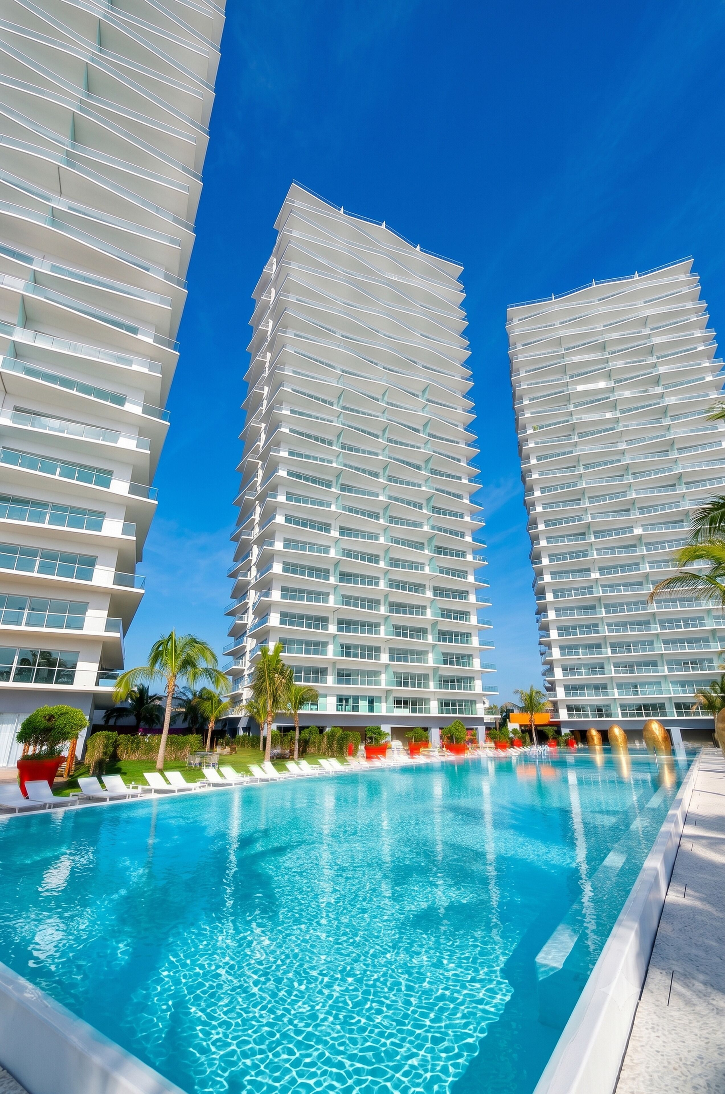 A modern hotel with a pool, high-rise buildings, and palm trees.