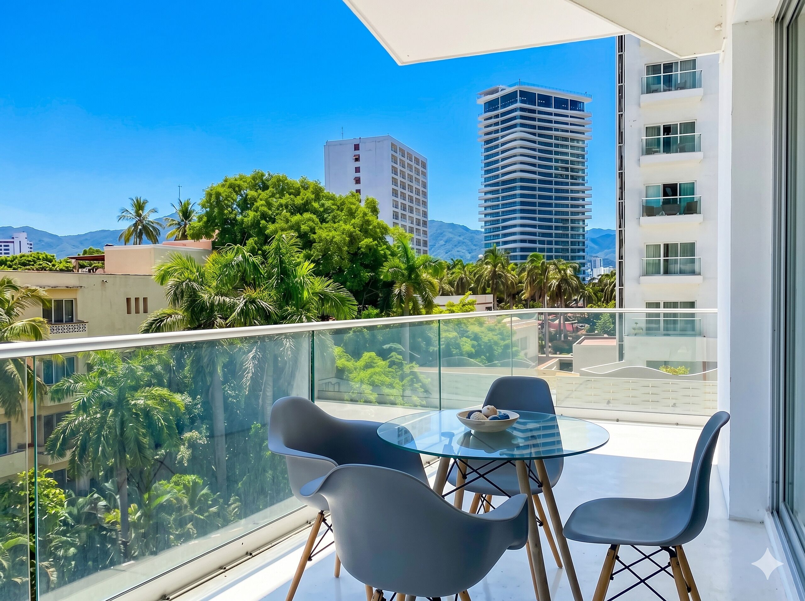 A balcony with a glass table and chairs, overlooking a cityscape with buildings and greenery.