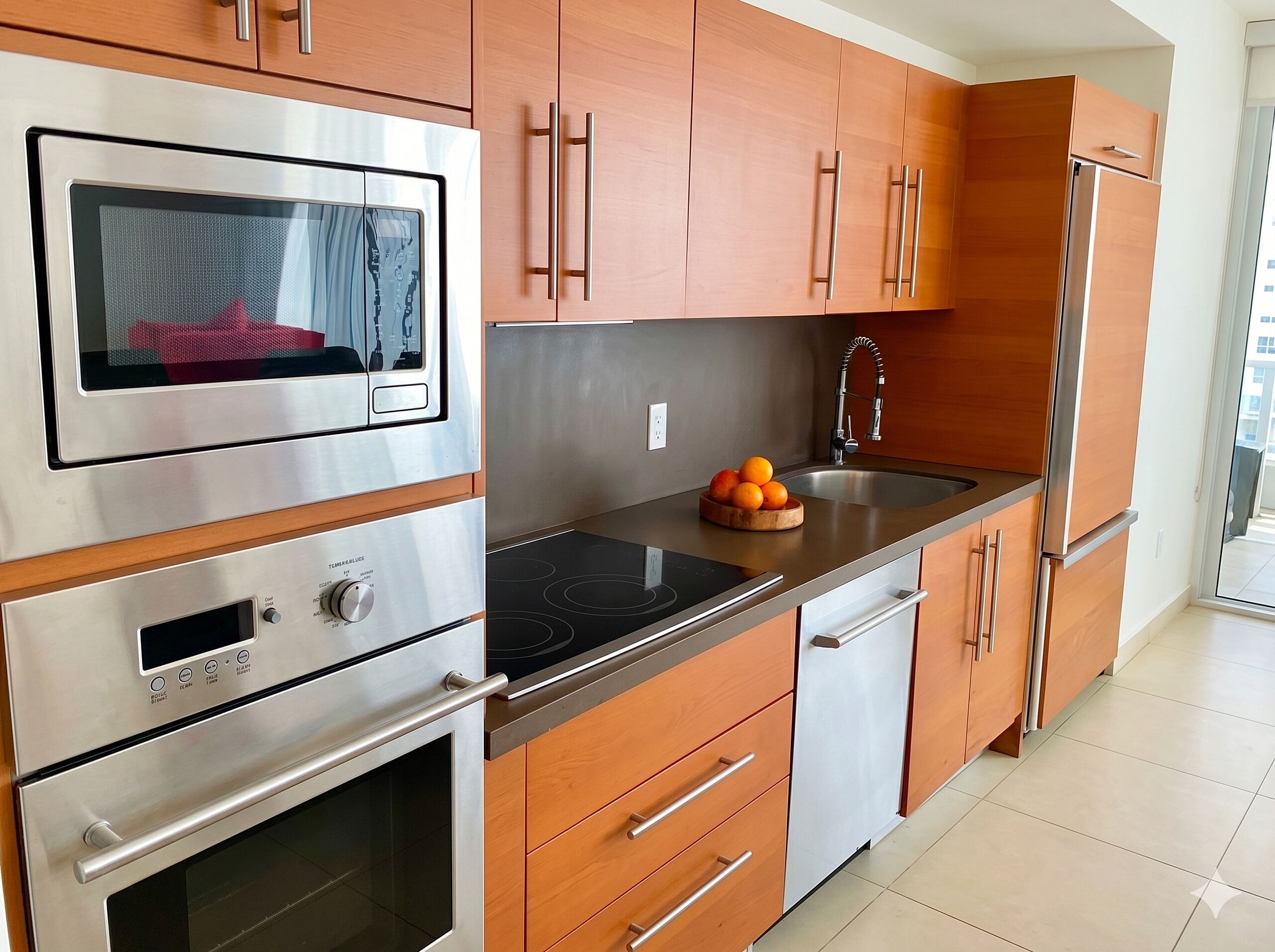 A modern kitchen with stainless steel appliances, wooden cabinets, a built-in oven, and a sink.