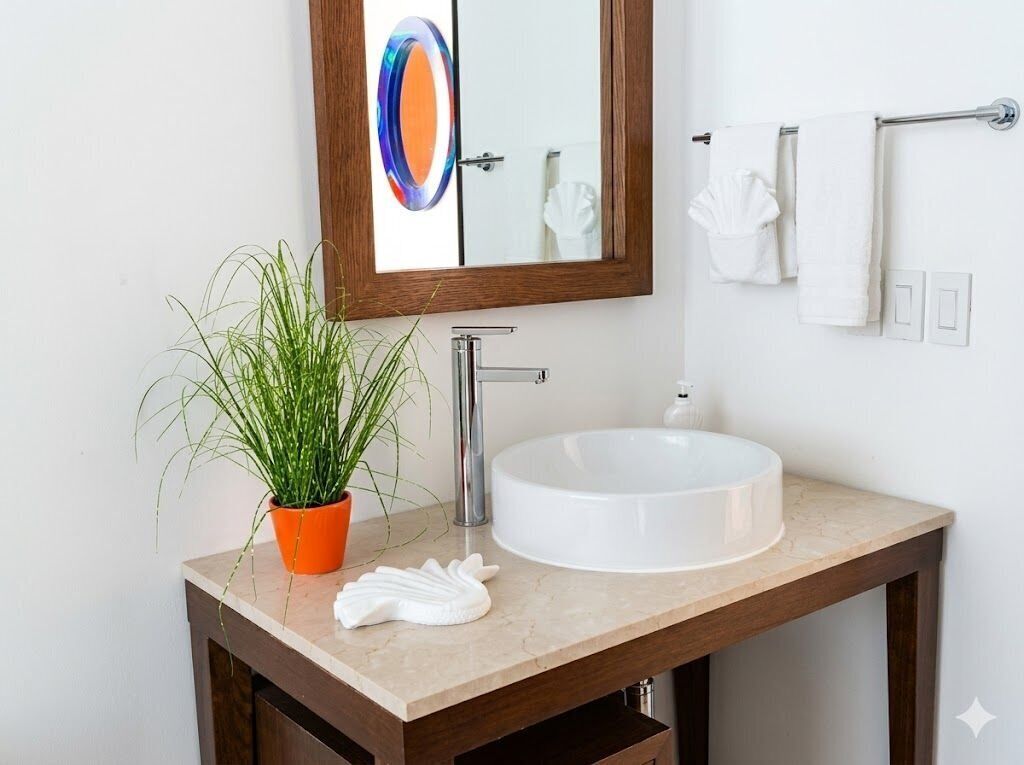 A bathroom with a white sink, a wooden vanity, a potted plant, a towel rack, and a mirror.