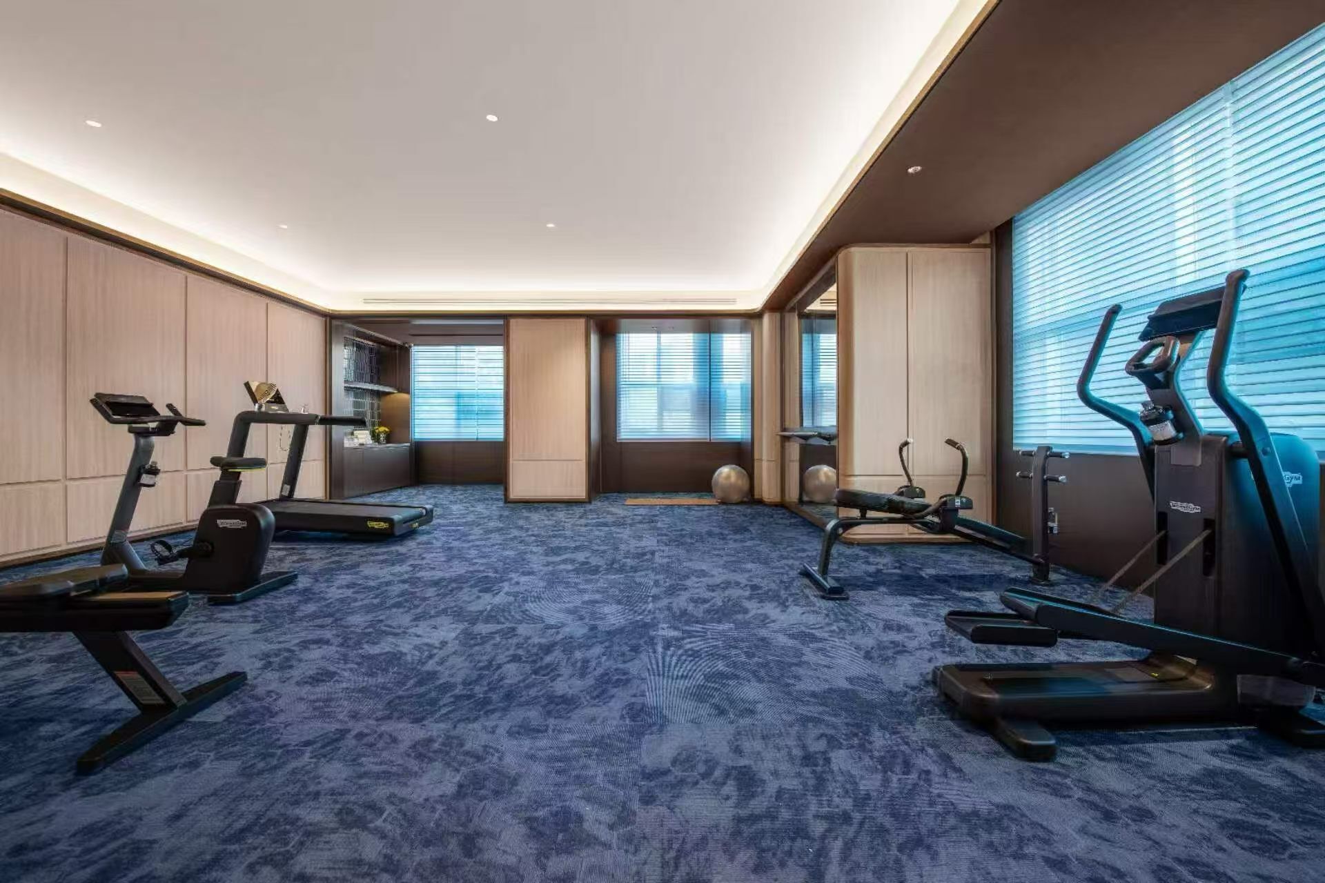 A hotel room with a blue carpet, exercise equipment, and a large window with blinds.