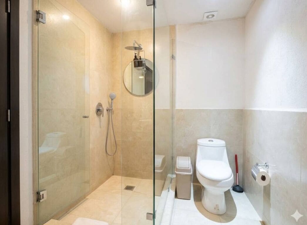 Et moderne badeværelse med bruseniche, toilet og bidet.