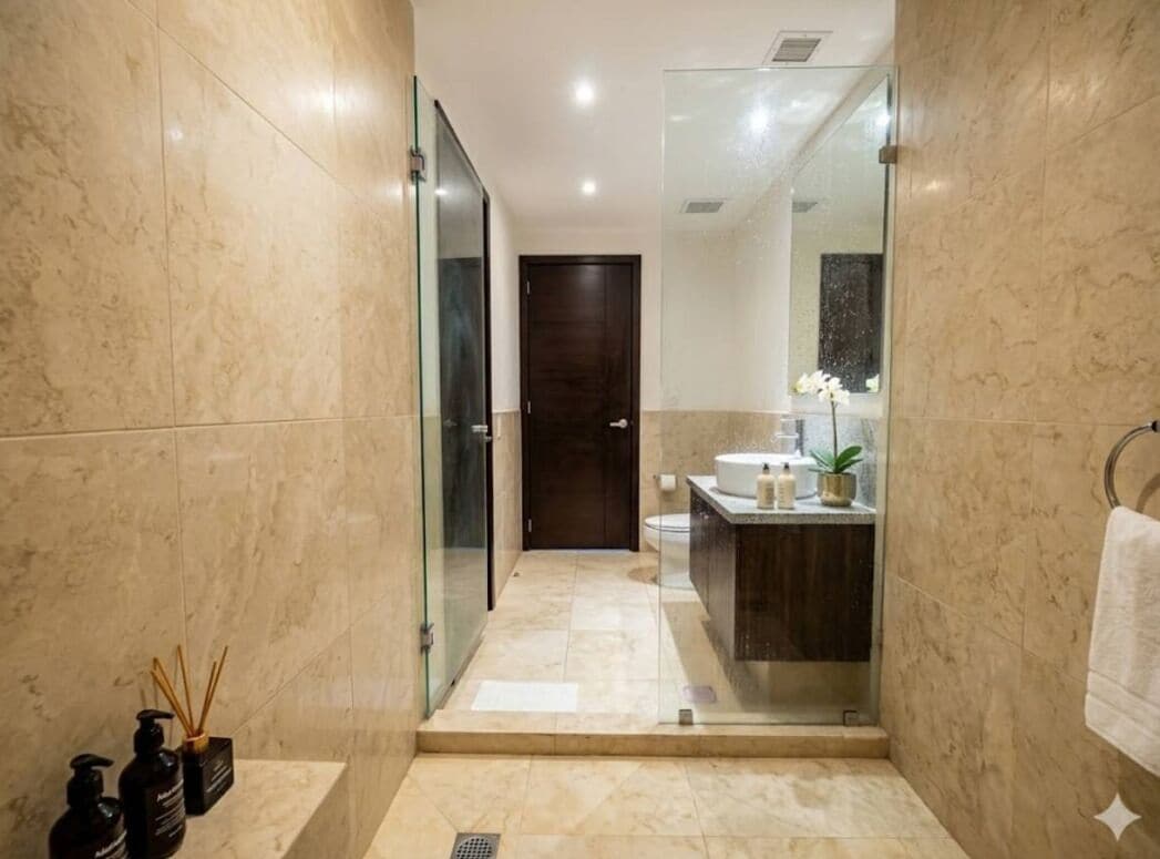 A modern bathroom with a glass shower enclosure, a dark wooden door, a marble-tiled floor, a sink with a mirror, and a towel rack.