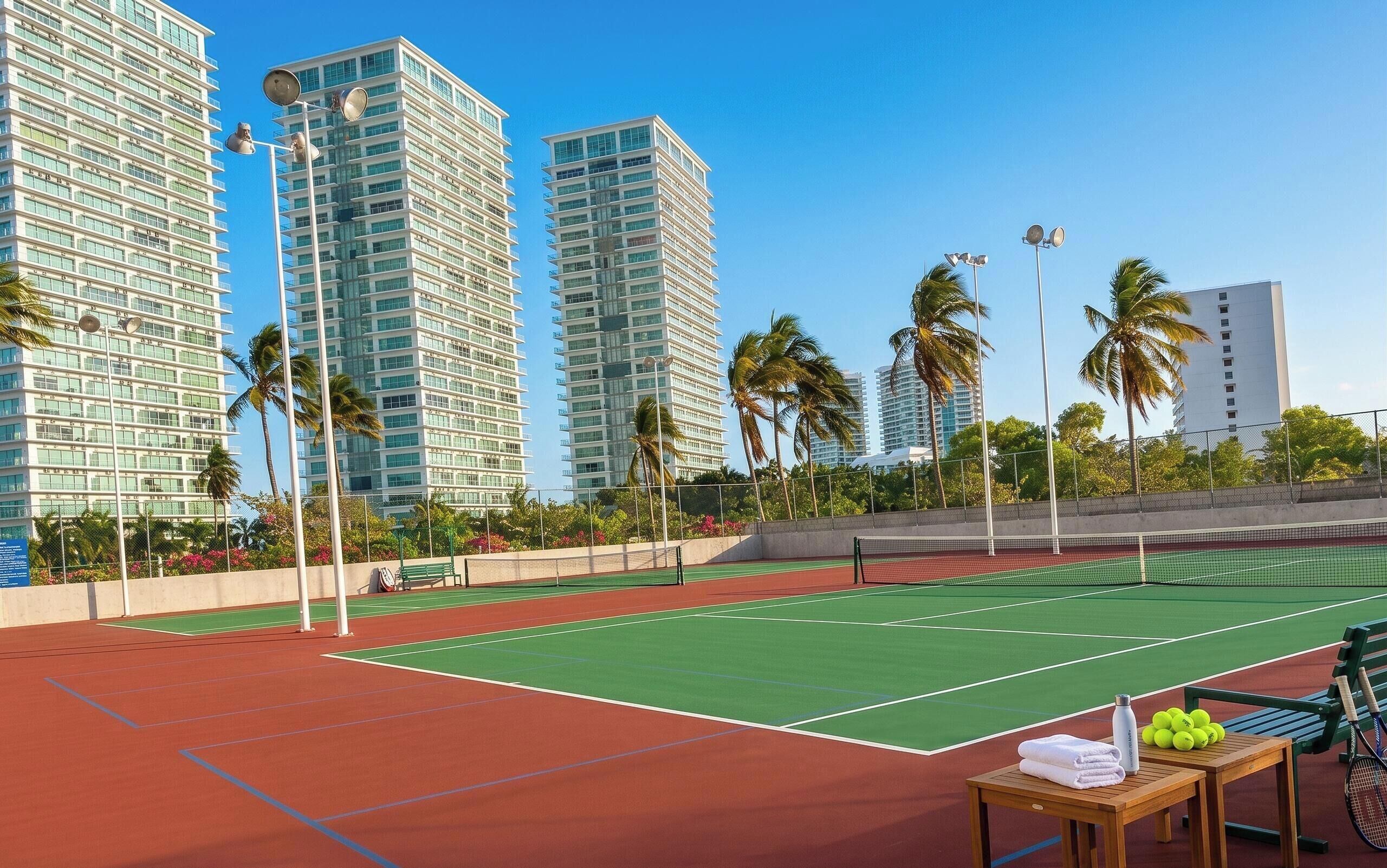 A tennis court with a net, surrounded by palm trees and modern buildings.