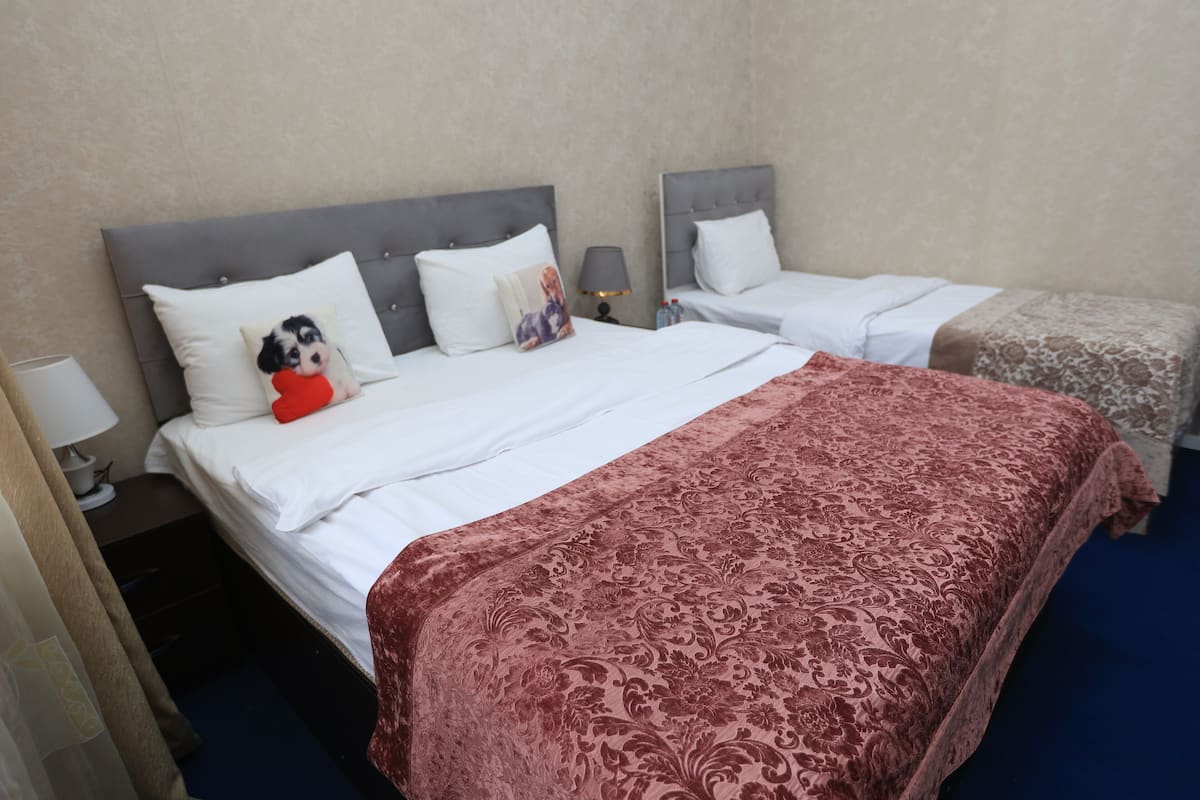 Una habitación de hotel con dos camas, una mesita de noche, una lámpara y un cojín decorativo.