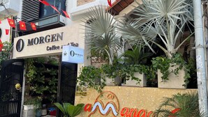 A building with a sign reading 'MORGEN Coffee and Tea,' surrounded by potted plants and a decorative wall with a wave design. - Amango Village (Ho Chi Minh City)