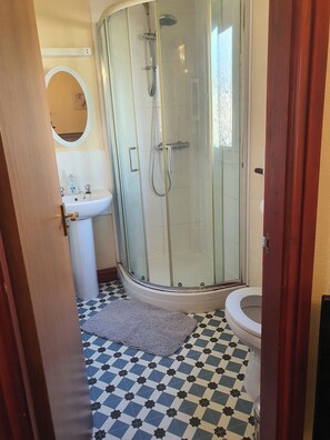 A bathroom with a glass-enclosed shower, a sink, a toilet, and a patterned floor.